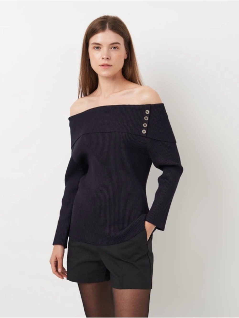 Tommy Hilfiger Navy Blue Ribbed Off-Shoulder Sweater – Size Large